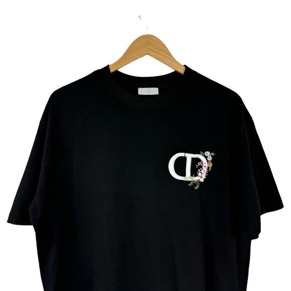 Christian Dior CD Icon T-Shirt Floral Embroidered Relaxed Fit Black Men's Large - Picture 5 of 16
